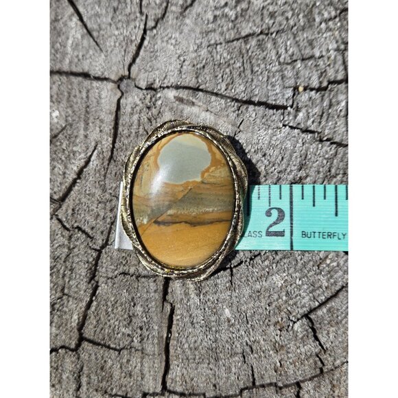 Large Picture Jasper Brooch Pendant Gold Tone Polished Oval Cabochon Brutalist - Picture 9 of 10